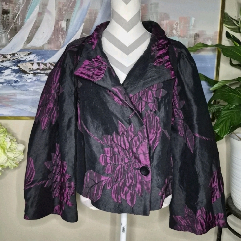 Oska Embroidery Black Purple Floral Women's Button Jacket